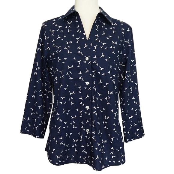 Foxcroft Easy Care Navy Blue Bird Novelty Print Button-Up Shirt Career Office - Picture 1 of 8